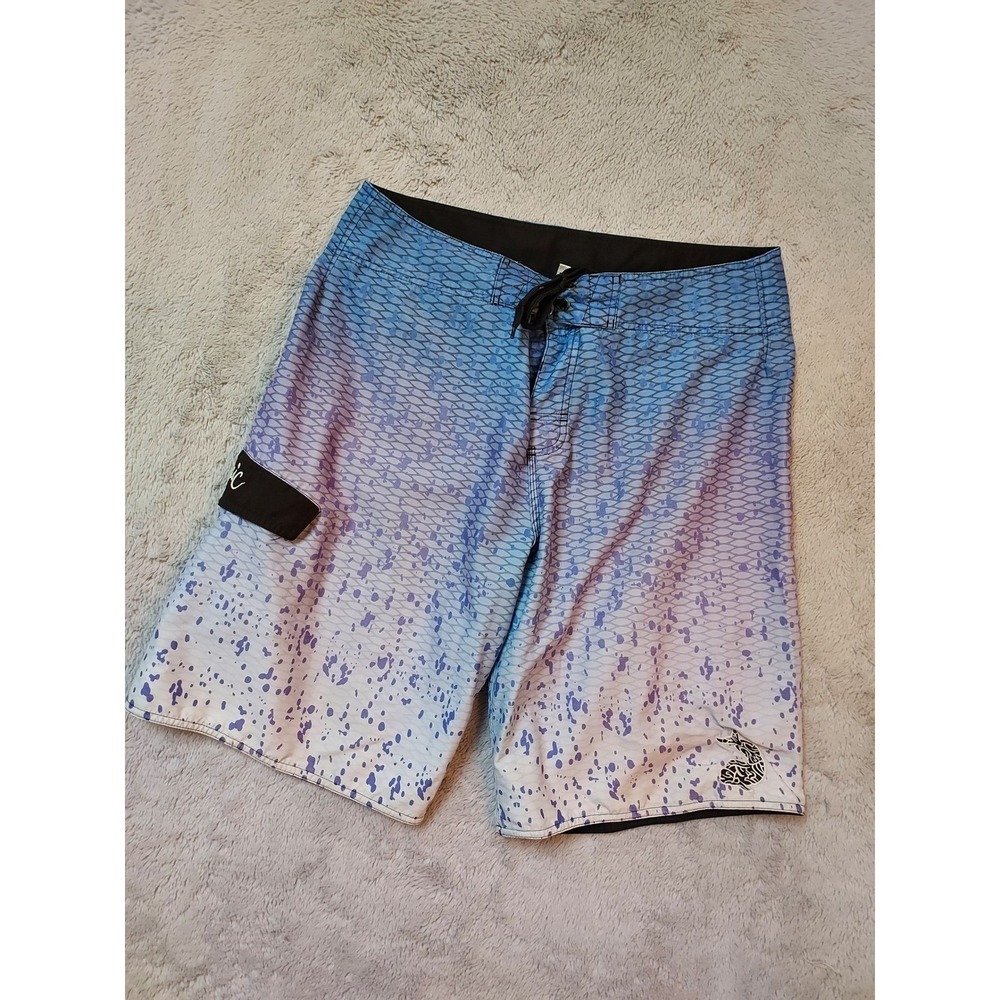 Pelagic Board Shorts Mens 32 Fishing Swim Trunks Fish Scale Pattern Blue Surfing